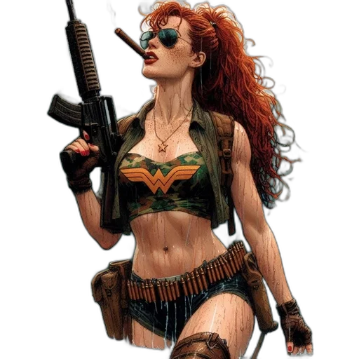 weapon, comic book art, concept art, fantasy art, pixel art, fearless, woman, donning transparent PNG cut-out