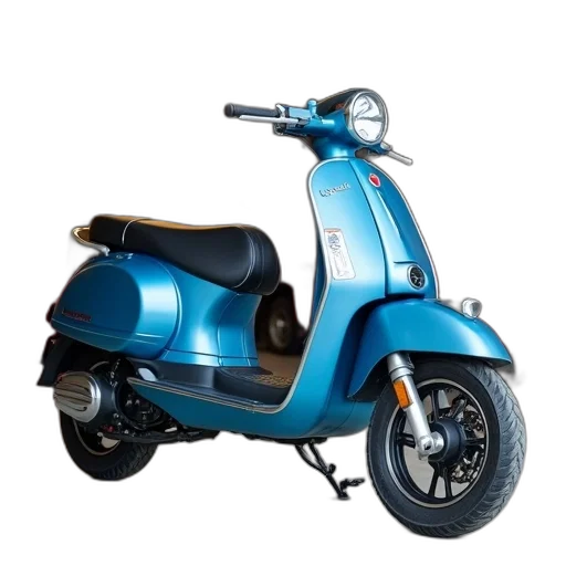 3d render, photorealistic, blue, electric, moped, black, seat, parked transparent PNG cut-out