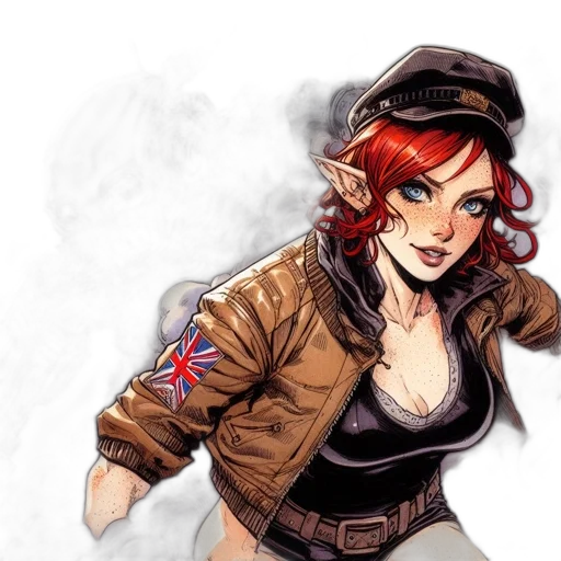 jacket, staff, comic book art, concept art, cartoon, fantasy art, woman, reddish transparent PNG cut-out