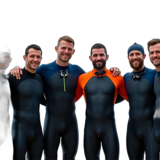concept art, 3d render, underwater, group, six, men, wearing, wetsuits transparent PNG cut-out