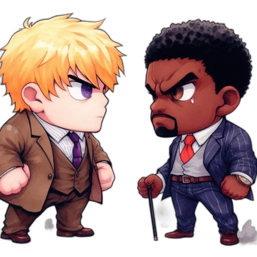 anime, cartoon, concept art, pixel art, two, suited, figures, contrasting transparent PNG cut-out