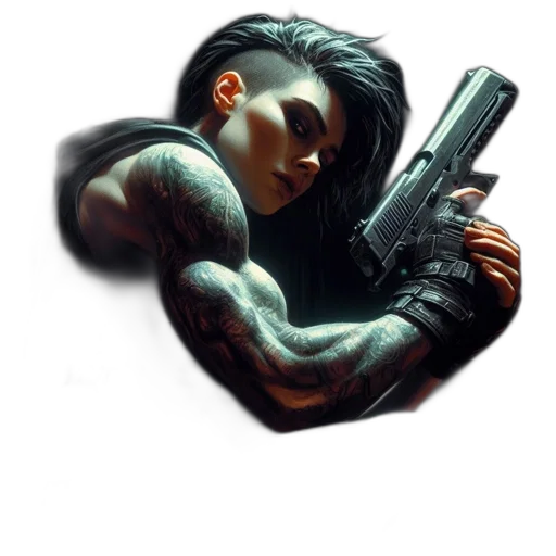 weapon, concept art, cyberpunk, comic book art, fantasy art, figure, distinctive, physical transparent PNG cut-out