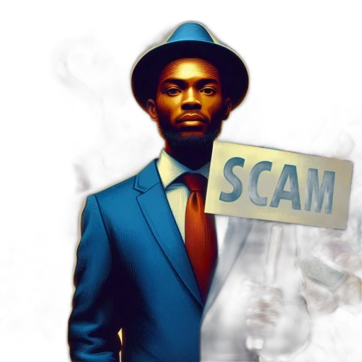 concept art, man, blue, suit, hat, holds, scam, sign transparent PNG cut-out