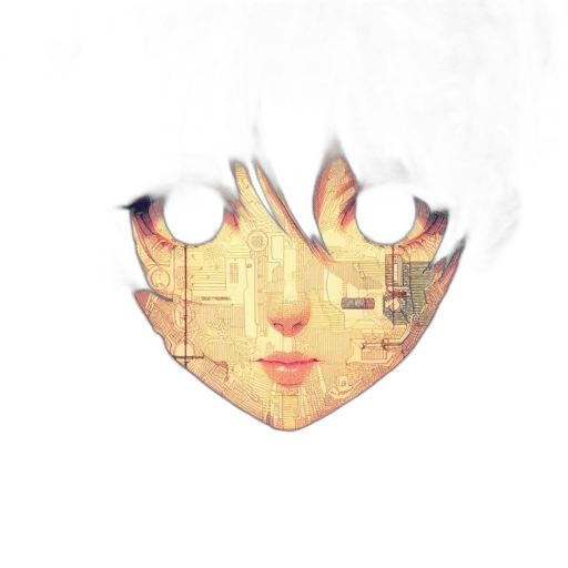 face, mask, robot, hair, anime, pixel art, 3d render, vaporwave transparent PNG cut-out