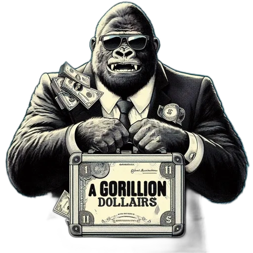 comic book art, concept art, gorilla, suit, sunglasses, holds, briefcase, marked transparent PNG cut-out