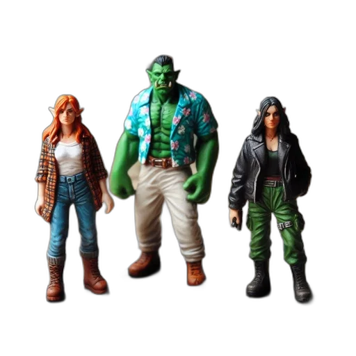 concept art, 3d render, comic book art, three, characters, stand, against, world transparent PNG cut-out