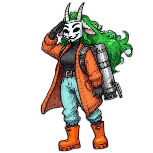 mask, jacket, weapon, staff, concept art, pixel art, comic book art, cartoon transparent PNG cut-out