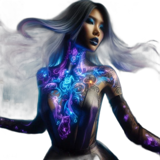 robot, cyberpunk, fantasy art, concept art, comic book art, neon lights, outer space, blue transparent PNG cut-out