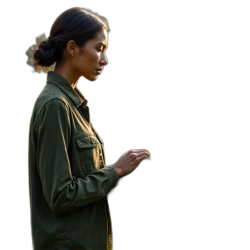 jacket, staff, dress, face, concept art, photorealistic, earth tones, green transparent PNG cut-out