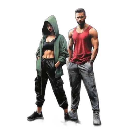 jacket, concept art, pixel art, photorealistic, 3d render, two, people, stand transparent PNG cut-out