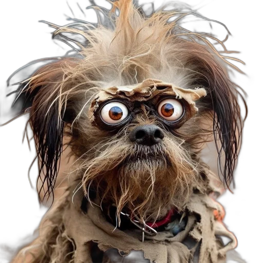 animal, creature, staff, mask, photorealistic, disheveled, dog, aged transparent PNG cut-out