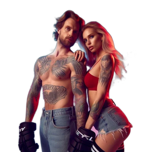 concept art, cyberpunk, photorealistic, 3d render, two, tattooed, shirtless, individuals transparent PNG cut-out