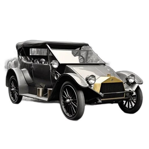 car, 3d render, vintage, cobblestone, street, grayscale, cityscape, ornate transparent PNG cut-out