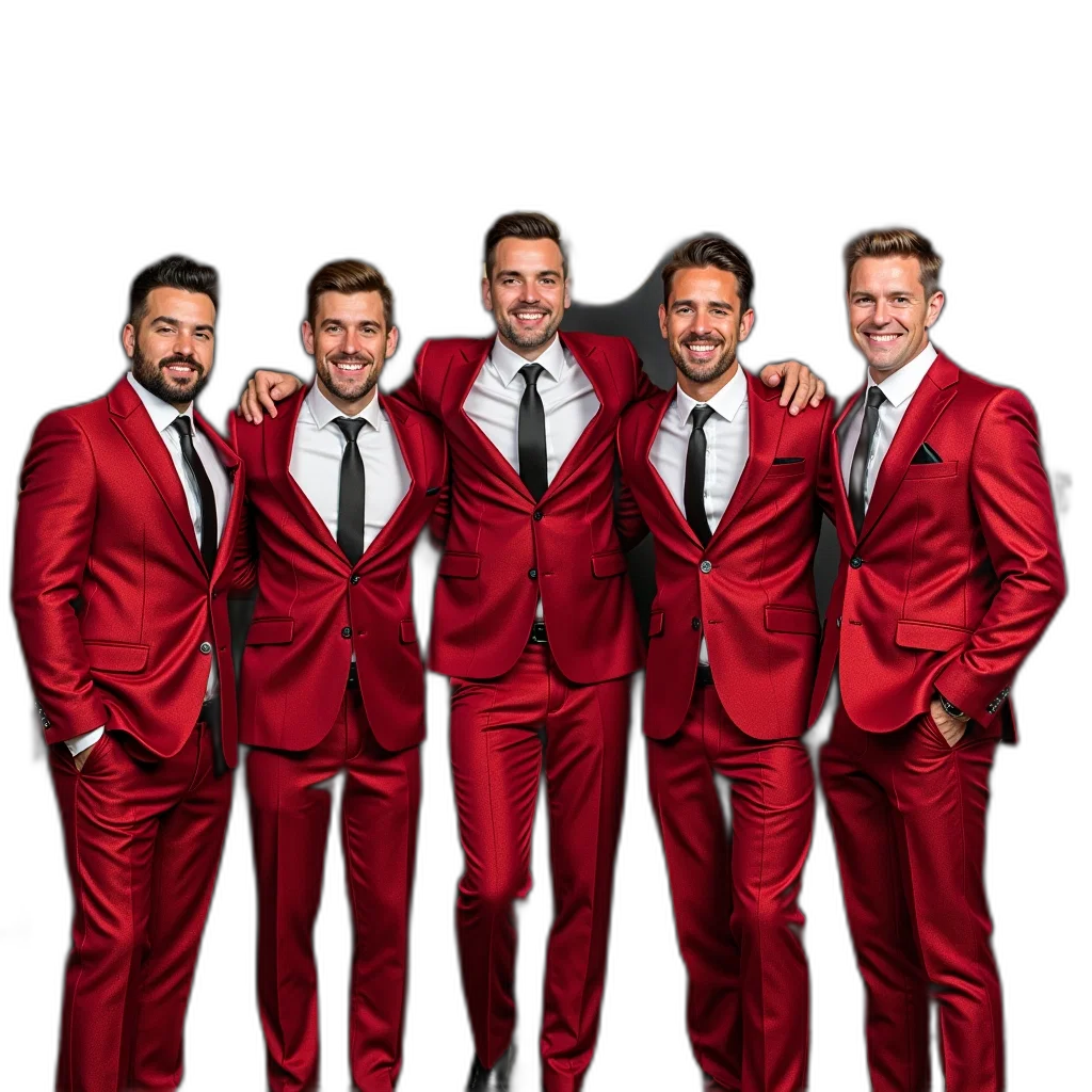 jacket, staff, red, group, five, men, wearing, matching transparent PNG cut-out