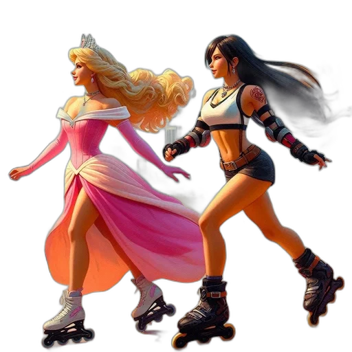 concept art, fantasy art, 3d render, comic book art, two, female, characters, rollerblade transparent PNG cut-out
