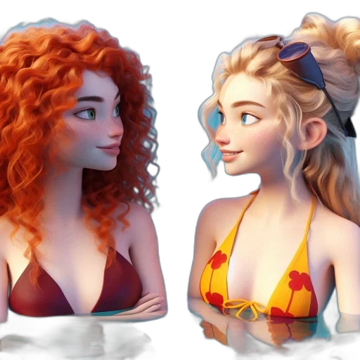 concept art, 3d render, fantasy art, pixel art, underwater, two, animated, females transparent PNG cut-out