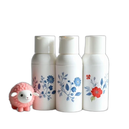 bottle, three, white, cylindrical, tubes, blue, red, floral transparent PNG cut-out
