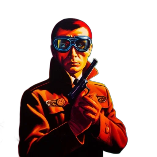 jacket, staff, weapon, robot, cyberpunk, comic book art, concept art, pixel art transparent PNG cut-out