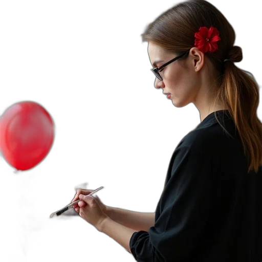 staff, jewelry, photorealistic, woman, glasses, sitting, front, easel transparent PNG cut-out