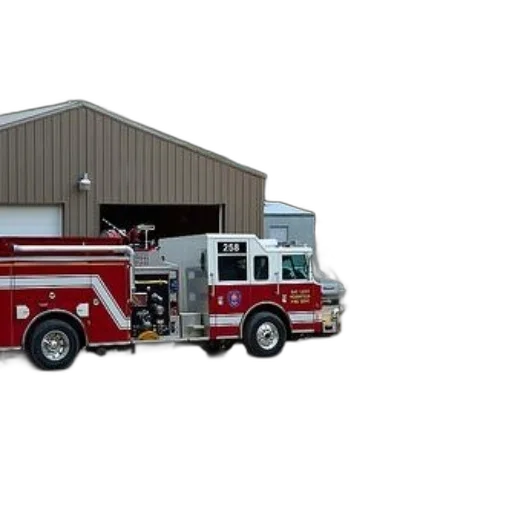 3d render, fire, truck, parked, outside, building, garage, door transparent PNG cut-out