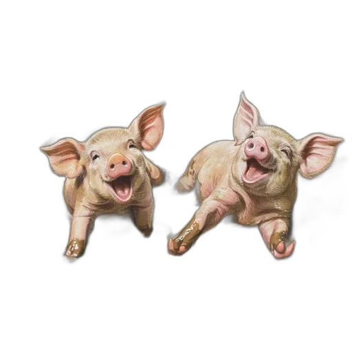 photorealistic, 3d render, two, piglets, play, muddy, puddle, surrounded transparent PNG cut-out