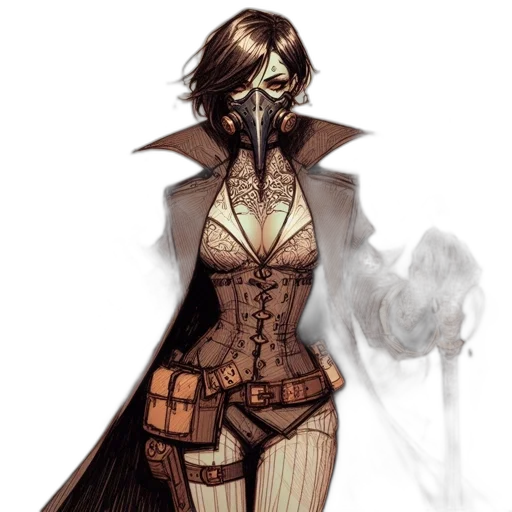 mask, dress, concept art, comic book art, fantasy art, cyberpunk, dark, earth tones transparent PNG cut-out