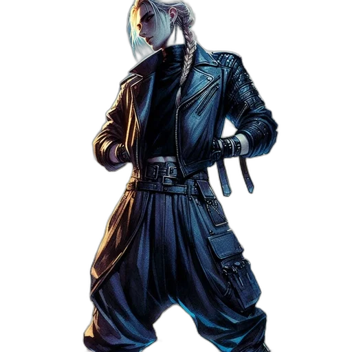 jacket, staff, weapon, cyberpunk, concept art, comic book art, fantasy art, dark transparent PNG cut-out