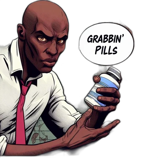 comic book art, sternly, expressive, bald, man, holds, bottle, labelled transparent PNG cut-out