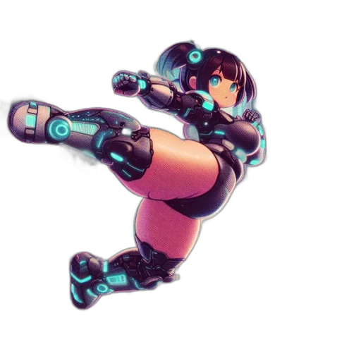 robot, weapon, concept art, pixel art, cyberpunk, vaporwave, outer space, blue transparent PNG cut-out