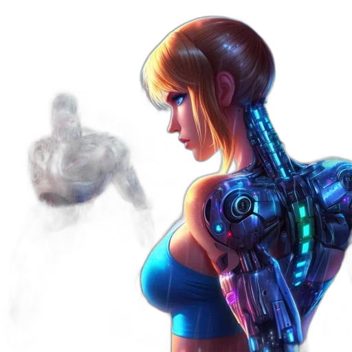 robot, concept art, cyberpunk, comic book art, fantasy art, blue, futuristic, cityscape transparent PNG cut-out