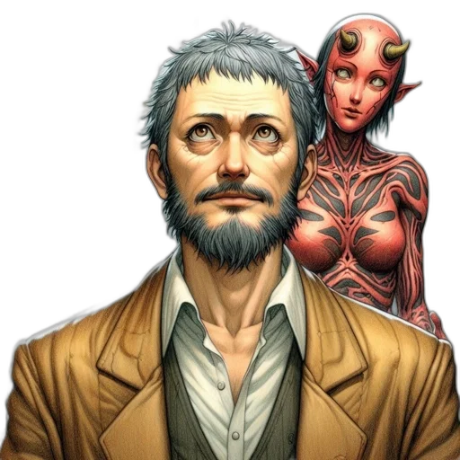 face, comic book art, concept art, fantasy art, cyberpunk, man, beard, gazes transparent PNG cut-out