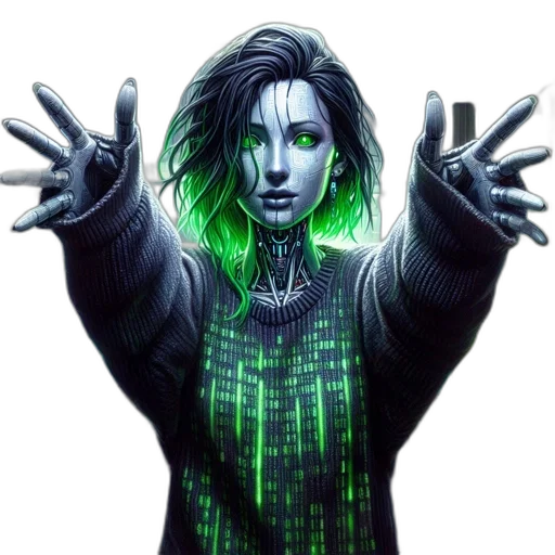 robot, jacket, cyberpunk, comic book art, concept art, pixel art, neon lights, green transparent PNG cut-out