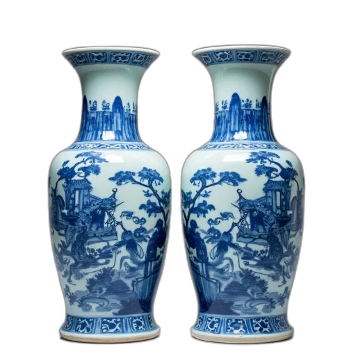 photorealistic, blue, pair, antique, chinese, vases, intricate, white transparent PNG cut-out