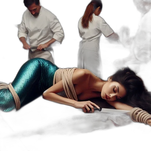 concept art, photorealistic, underwater, professional, kitchen, woman, wearing, mermaid transparent PNG cut-out