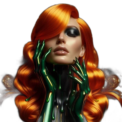 hair, jewelry, concept art, cyberpunk, fantasy art, photorealistic, green, neon transparent PNG cut-out