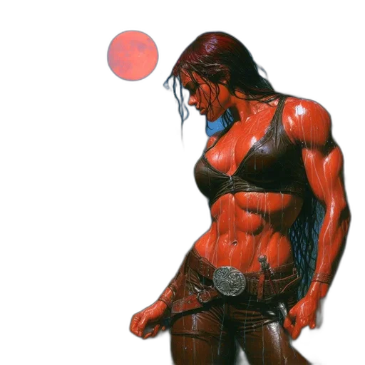 weapon, concept art, comic book art, fantasy art, watercolor, red, muscular, woman transparent PNG cut-out