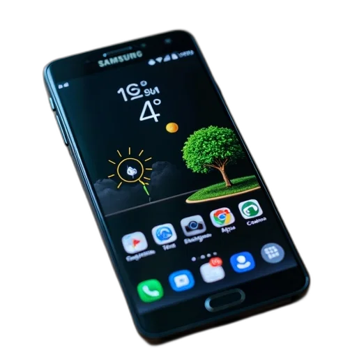 3d render, concept art, samsung, smartphone, black, screen, displaying, time transparent PNG cut-out