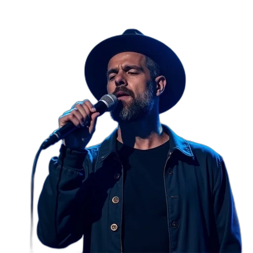jacket, hat, man, beard, singing, into, microphone, stage transparent PNG cut-out