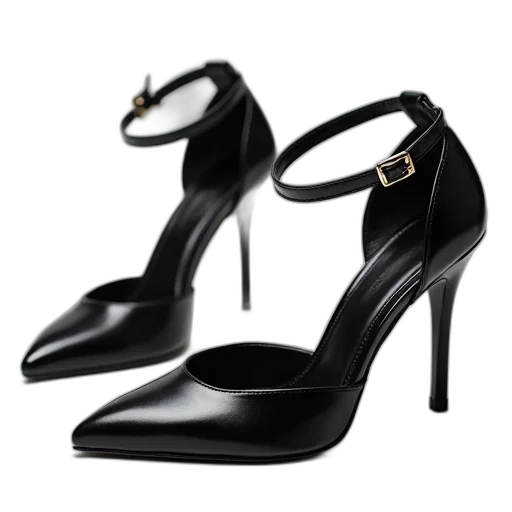 shoes, pair, black, high-heeled, shiny, metallic, buckle, strap transparent PNG cut-out