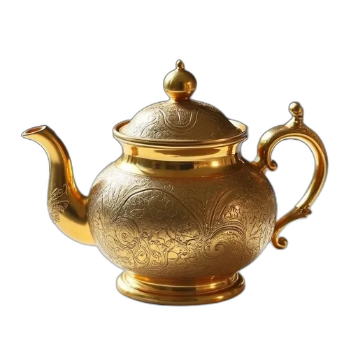 food, photorealistic, 3d render, golden, teapot, intricate, designs, lid transparent PNG cut-out