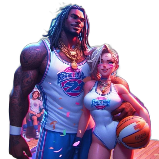 concept art, fantasy art, comic book art, 3d render, two, characters, space, jam transparent PNG cut-out