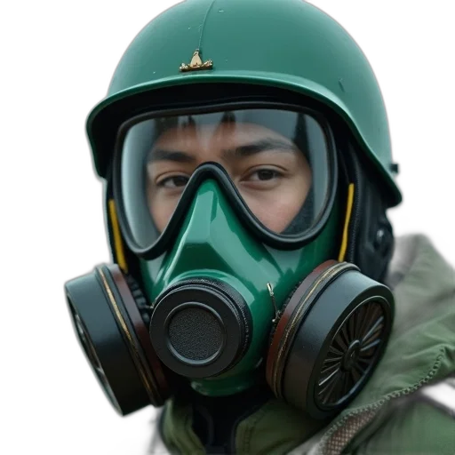 mask, jacket, face, green, close-up, person, head, wearing transparent PNG cut-out