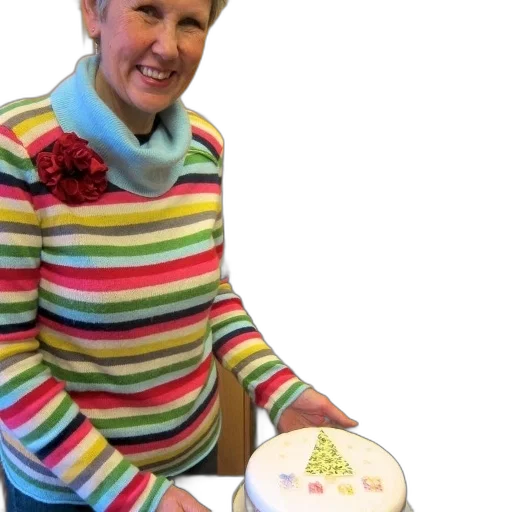 jacket, woman, colorful, striped, sweater, holds, cake, christmas transparent PNG cut-out