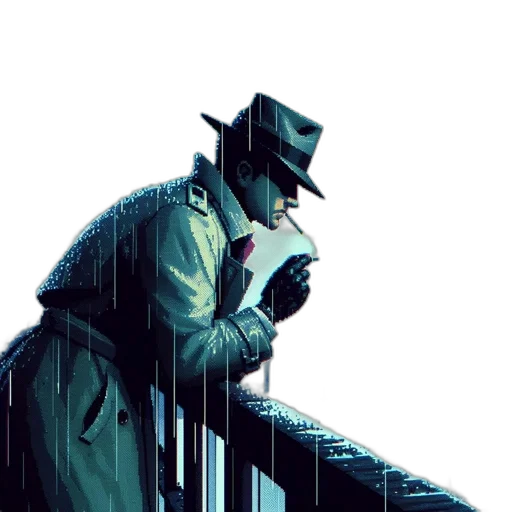 umbrella, hat, jacket, comic book art, concept art, cyberpunk, pixel art, rain transparent PNG cut-out