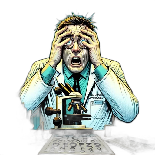 robot, comic book art, optometrist, distress, holds, his, head, weeps transparent PNG cut-out