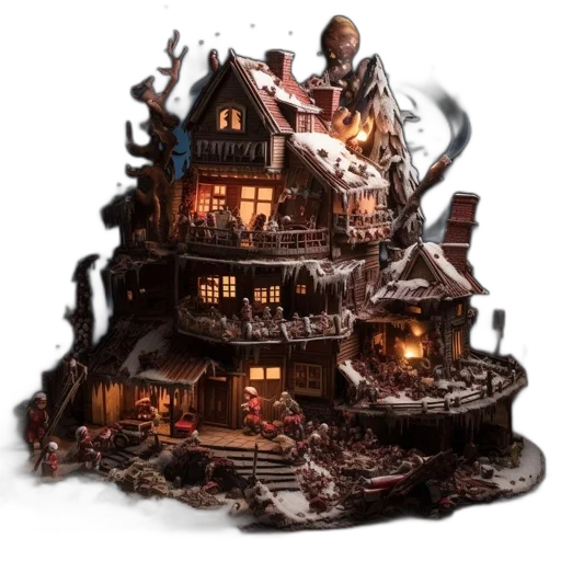 concept art, 3d render, fantasy art, fire, miniature, snow-covered, winter, village transparent PNG cut-out