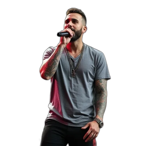 man, microphone, performing, stage, wearing, gray, t-shirt, black transparent PNG cut-out