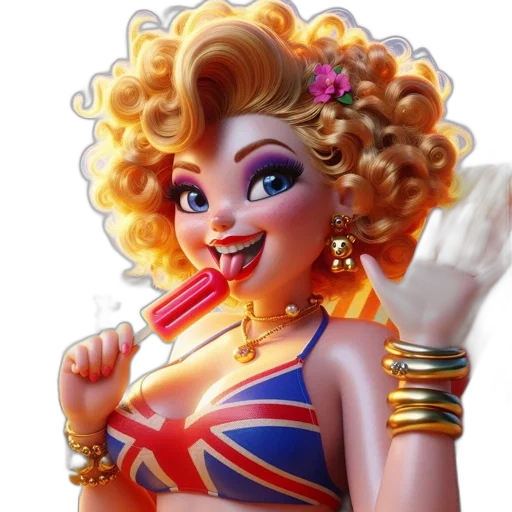 cartoon, concept art, 3d render, photorealistic, animated, woman, wears, uk-flagged transparent PNG cut-out