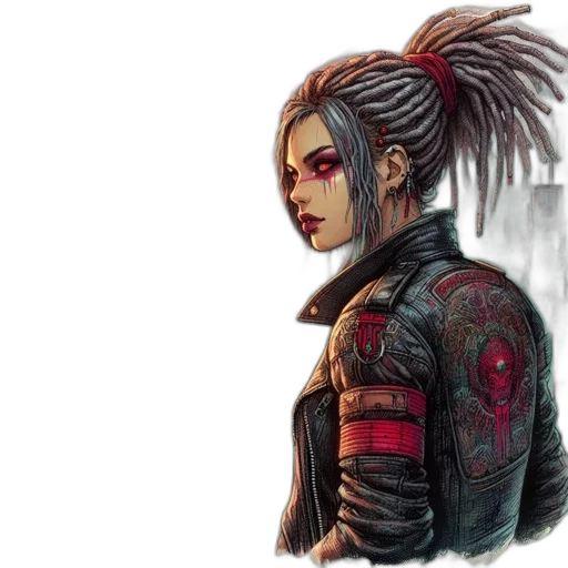 jacket, hair, concept art, cyberpunk, fantasy art, comic book art, red, woman transparent PNG cut-out