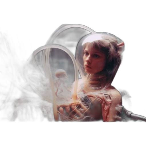 mask, hair, robot, dress, photorealistic, concept art, 3d render, vaporwave transparent PNG cut-out